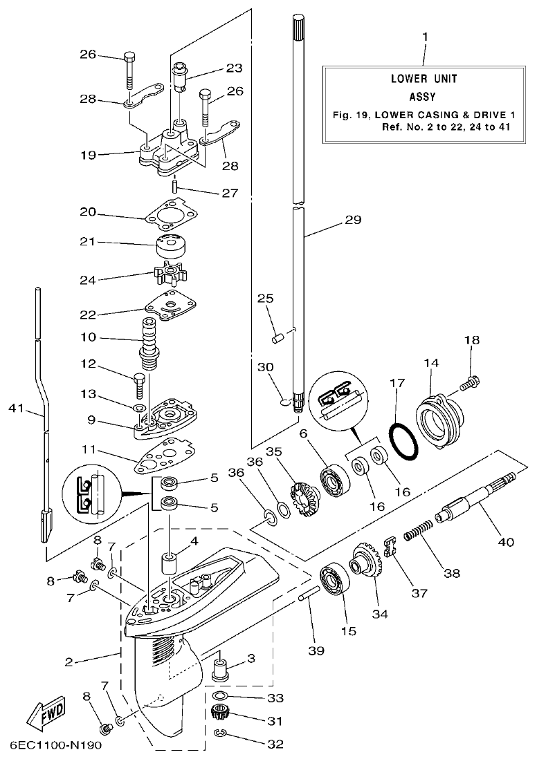 Yamaha F4BMH, F5AMH, F6CMH LOWER CASING & DRIVE 1 parts diagram